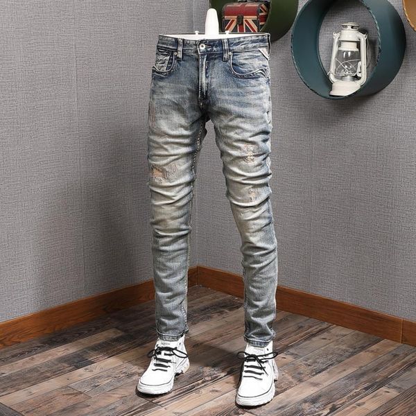 men's jeans italian style fashion men retro blue slim fit ripped denim pants streetwear embroidery patchwork designer hip hop trousers